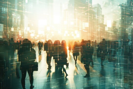 Abstract city with business people and network interface overlay.