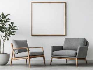 Banner, blank frame, template , 3D interior design living room with wooden round table and gray chair on white wall background next to indoor plant, photo, minimalism, vintage