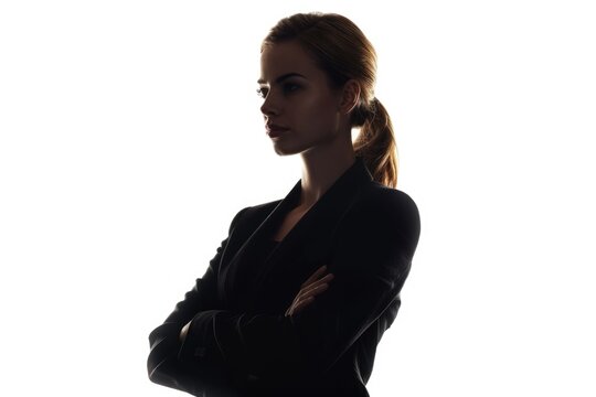 one caucasian business woman arms crossed portrait in silhouette on white background