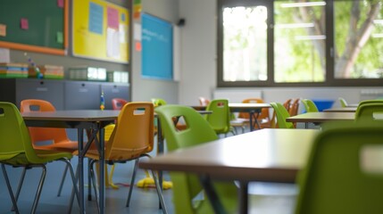Bright and spacious elementary school classroom with colorful chairs and desks, illuminated by natural light coming through the windows