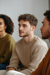 Obraz premium Young adults engaged in thoughtful discussion during a casual group meeting indoors
