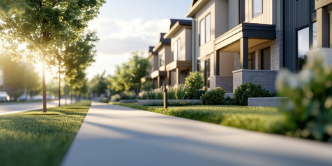 Fototapeta premium Modern townhouses line sunny street, showcasing lush greenery and well maintained sidewalks. scene evokes sense of tranquility and community