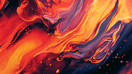 Energetic red and orange abstract with dynamic swirling patterns and textured white splatters.