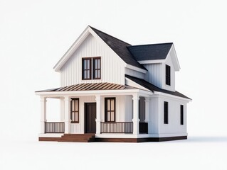 Isometric modern farmhouse with white walls, wraparound porch, Isometric house modern, rustic modern blend