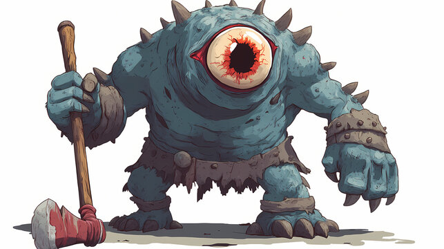 Giant oneeyed cyclop with club in one hand - a cartoon of a monster. Giant Cyclops. Illustration