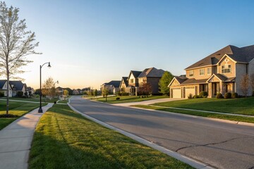 Fototapeta premium Early Morning Serenity in Suburban Luxury Homes with Vibrant Green Grounds and Clear Skies