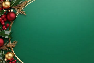 Elegant Christmas background with golden borders and festive decorations featuring holly leaves and ornaments