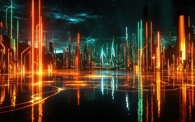 Futuristic cityscape illuminated by neon lights at night with reflections on a tranquil water surface