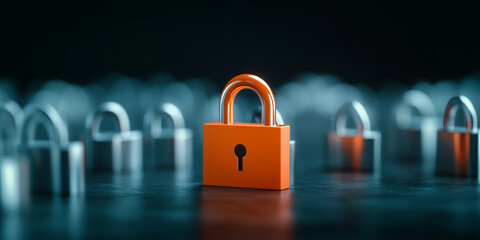 minimalistic composition featuring orange lock among silver locks, creating striking contrast. scene evokes sense of security and uniqueness