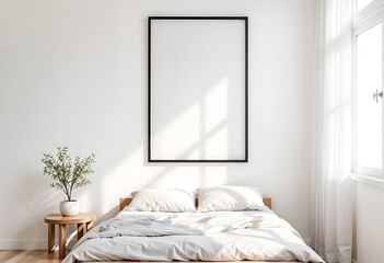 Mock up poster frame in Scandinavian interior and Natural Decor background, bedroom, minimalistic style, template
