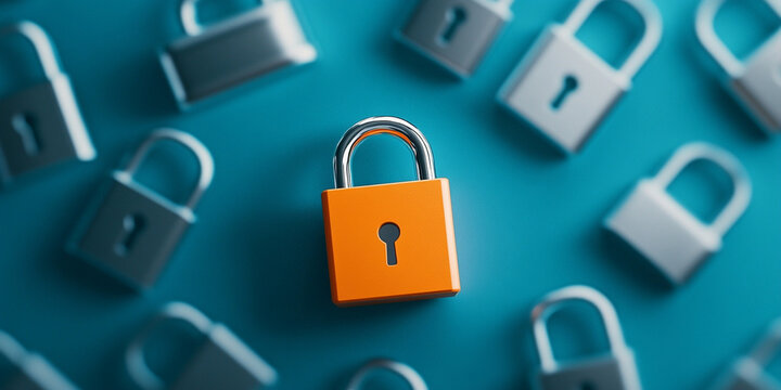 Bright orange lock stands out among silver locks on blue background, symbolizing uniqueness and security. This captures attention with its vibrant contrast and modern design
