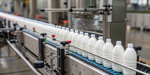 Fototapeta premium Efficient Production Line of Bottle Shrink Sleeve Labeling Machine in Action at Packaging Exhibition