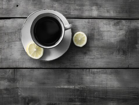 A hot cup of coffee or tea with lemon slices, served on a rustic wooden table. The perfect pick-me-up for an energizing morning.