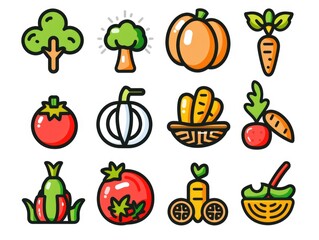 Variety of healthy eating food illustrations, including fruits and vegetables.