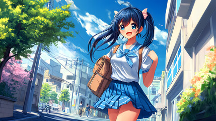 Cute Anime girl ind School uniform walken through the city street, illustration of a female japanese high school student
