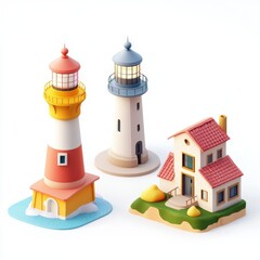 Charming Coastal Lighthouse and Village Scene