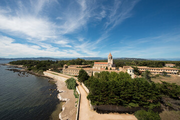Lerins Abbey seen from the fortified monastery, island of Saint Honorat, Cannes, France