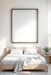 Mock up poster frame in Scandinavian interior and Natural Decor background, bedroom, minimalistic style, template

