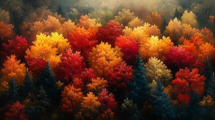 A vibrant autumn forest with a mix of colorful trees, including red, orange, yellow, and green, with a soft, misty light filtering through the canopy.