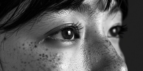 Naklejka premium Abstract art with close-up face and filtered pixelated effect over a monochrome checkered pattern.