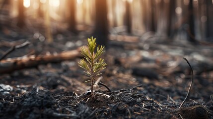 Obraz premium A small pine seedling sprouts through the charred remains of a forest fire.