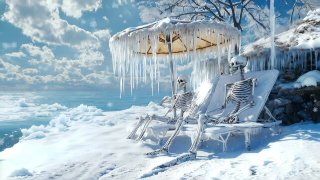 Chilling Skeletons Lying on a Frosty Beach A Beautiful Winter Wonderland Scene Capturing the Weirdness