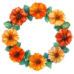 vibrant floral wreath featuring orange and yellow flowers surrounded by green leaves, perfect for decorative purposes