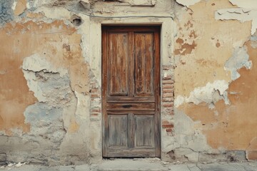 Old, weathered wooden door of a decaying building.