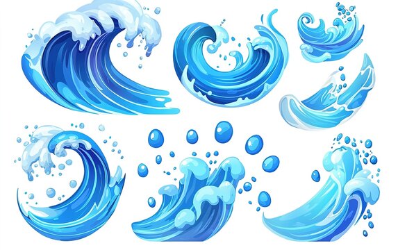 Various artistic representations of ocean waves illustrating dynamic movements and blue hues in a creative composition