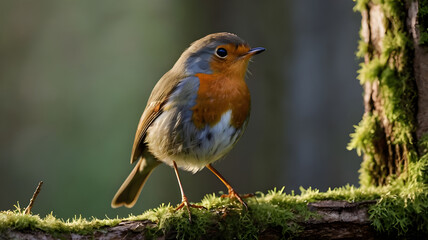 A small European robin stands on a tree trunk, which is partially covered with a light layer of moss. ai