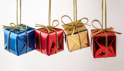 Fototapeta premium 4 cajitas de regalo de navidad colgando de una cinta sobre un fondo blanco