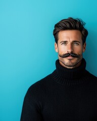 Obraz premium November Mustache: playful grooming and style. A stylish man with a prominent mustache poses against a vibrant blue background wearing a black turtleneck sweater