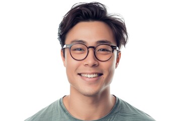 Fototapeta premium Close up portrait of attractive Asian man in glasses smiling.