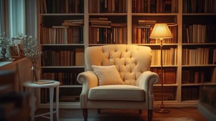 Warmly lit bookshelves with an inviting armchair. Ideal for quiet reading or studying.