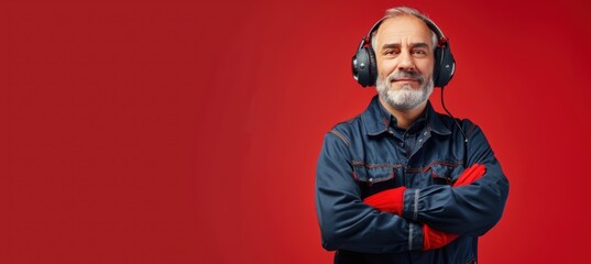 Obraz premium Confident Senior Factory Worker with Protective Gear Against a Red Background