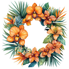 Fototapeta premium vibrant floral wreath featuring orange orchids, lilies, and tropical leaves, perfect for adding touch of natures beauty to any decor