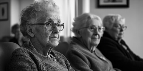 Photo of a group of elderly individuals in discussion, possibly at a healthcare meeting or social event.