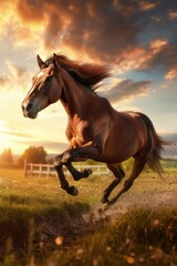 Obraz premium Running brown horse against sunset sky