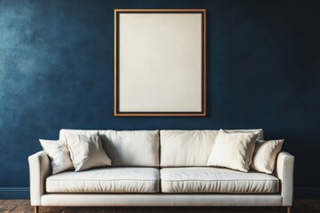 Scandinavian style lounge decor showcasing a couch against a deep blue wall with a vacant mock-up artwork presentation