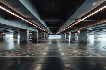 Fototapeta premium A vast, modern, empty parking garage with concrete pillars supporting the ceiling. Lights are on, illuminating the gray floor and reflecting off of drainage grates.