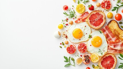 A mouthwatering high angle shot of a breakfast feast including vibrant sunny-side-up eggs, crunchy bacon, and fluffy toast, artfully arranged on a white background
