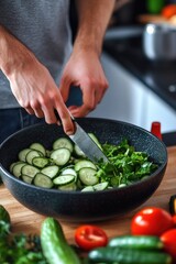 A man cutting cucumbers and leafy greens for a healthy dish.