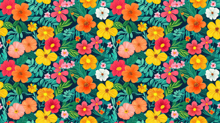 Seamless pattern of blooming flowers with intricate leaf designs perfect for fabric and wallpaper applications