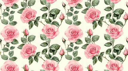 Seamless pattern of delicate pink roses on a pristine white background showcasing watercolor illustration techniques and botanical artistry