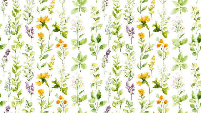 Seamless watercolor pattern featuring a variety of fresh culinary and medicinal herbs ideal for wedding invitations and greeting cards
