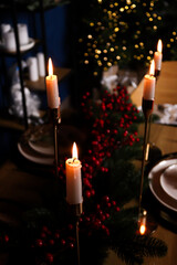 Christmas dinner table in the background a Christmas tree with garlands. festive mood