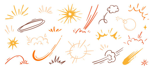 Comic cartoon boom speed effect, explosive motion line element set. Comic boom burst, explosive smoke, line speed cartoon vector icon. Hand drawn sketch doodle action effect. Vector illustration.. © Polina Tomtosova