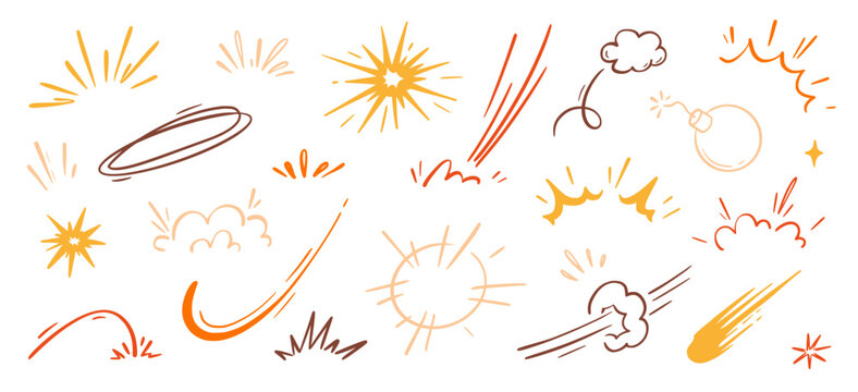 Comic cartoon boom speed effect, explosive motion line element set. Comic boom burst, explosive smoke, line speed cartoon vector icon. Hand drawn sketch doodle action effect. Vector illustration..