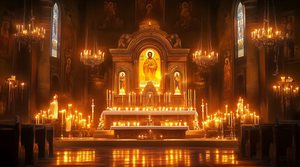 Obraz premium vibrant Epiphany church altar decorated with gold, icons, and lit candles, warm light glowing across the altar, creating a reverent and spiritual mood