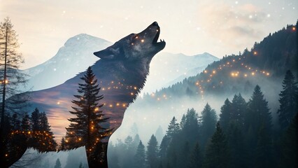 Enchanted Wolf Howling at the Moon in a Magical Forest - Double Exposure Photography